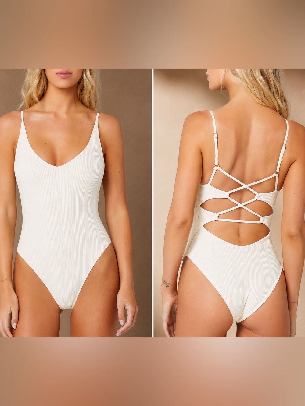 L*SPACE Gianna Ribbed One Piece Swimsuit XS NWT Cream Ivory Open Back $194